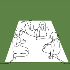 three friends sitting on a picnic on a background of grass - one line art vector. concept picnic in nature