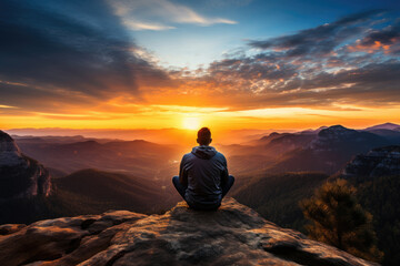 Obraz premium Man meditating in the mountains at sunset, travel concept, harmony with nature