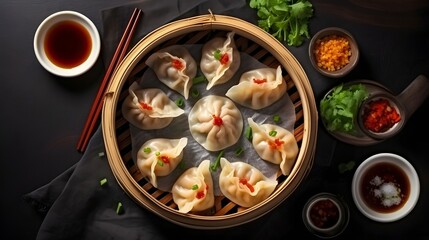 Dim sum dumplings in steamer and ingredients top view - obrazy, fototapety, plakaty
