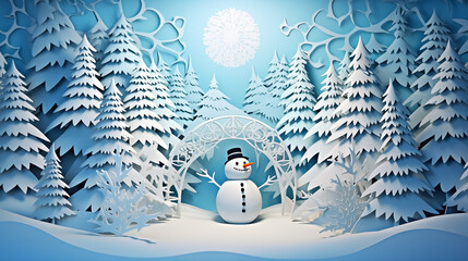 snow winter, a christmas tree, snow man, in white paper cut art - 668047808