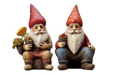 Whimsical Garden Gnome Pair on transparent background.