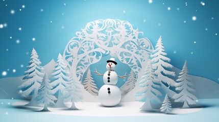 snow winter, a christmas tree, snow man, in white paper cut art - 668047896
