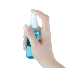 Hand holding antiseptic antibacterial disinfectant isolated on transparent background. Coronavirus protection  concept.