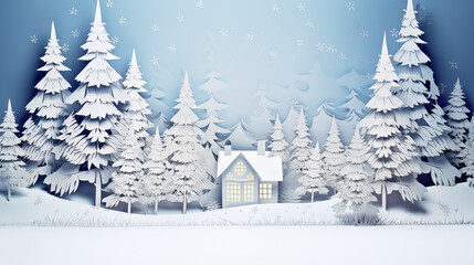 snow winter landscape, christmas tree, little house, in white paper cut art