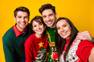 Photo of ladies guys celebrate x mas new year cuddle make selfie isolated over vivid color...