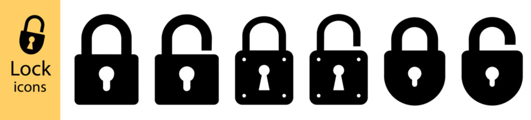 Lock icon set collection. Locked and unlocked black line icon set. 