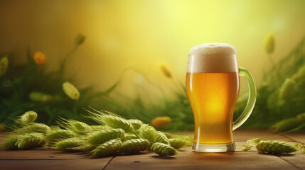 hop with barley rice and craft beer glass - obrazy, fototapety, plakaty