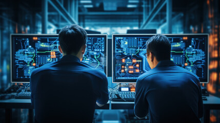 programmer with an engineer working in the database system network room