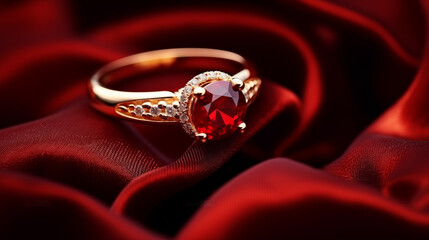 Golden ring with red ruby gem on red smooth silk.