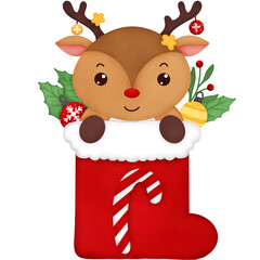 Watercolor reindeer in red socks with candy cane pattern in socks with decorative balls and leaves