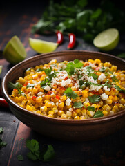 Mexican corn esquites salad in a bowl on wooden table, Mexican traditional street food