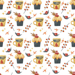 Beautiful watercolor seamless pattern with teapots, cups, cakes, cupcakes, tablecloth flowers, labels. invitation cards, kitchen decor, greeting cards, posters, scrapbooking, print, wallpaper