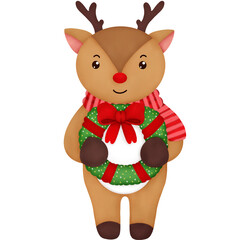 A watercolor reindeer in a red scarf is standing and holding a Christmas wreath