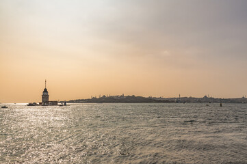  Bosphorus Strait. Sea of Marmara. View of the Maiden Tower, Istanbul, Türkiye; Kyz Kulesi, also known as Leander's Tower (Leandros Tower).