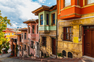 Street of colorful houses in the historical district of Fatih Balat, Istanbul. Narrow old city...