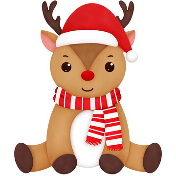 A watercolor reindeer wearing a Santa hat and red scarf is sitting