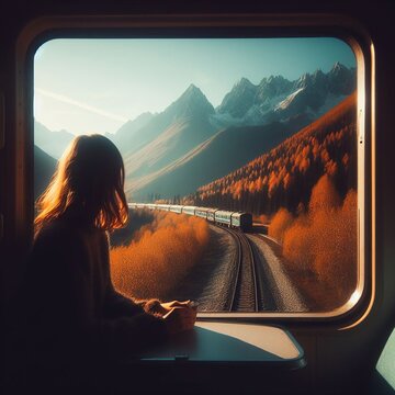 A beautiful cinematic and symmetrical photograph of a female traveler looking out of the train window at the stunning scenery of Autumn Mountain