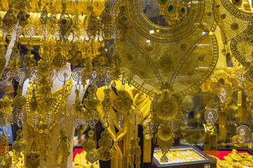 Showcase with gold jewelry in the Grand Bazaar of Istanbul.