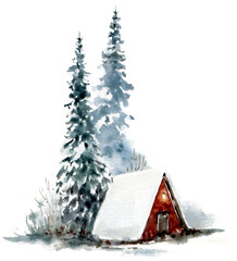 Watercolor illustration with winter house  - 668049874