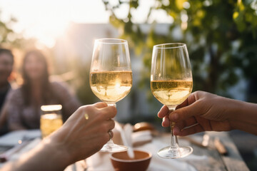 Obraz premium friends with two bocal of amber wine