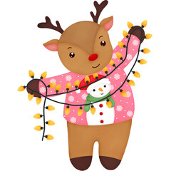 Watercolor reindeer wearing a pink snowman sweater is holding a light bulb