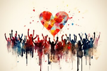 Group of people with arms and hands raised towards a painted heart. Watercolour painting