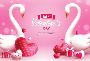 Happy valentine's day swan couple vector design. Valentine's day greeting card with couple swan, heart balloons and gift box decoration elements. Vector illustration heart's day invitation card.  © Zeinous