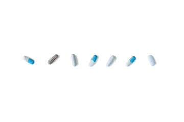 Capsules, pills on white background. Drug concept, designer blank, medical collage, clipping outline, cut out objects