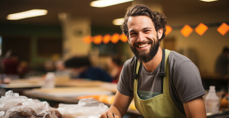 Community Volunteer - Portrait of a smiling volunteer packing food for a local charity - Everyday Hero - AI Generated
