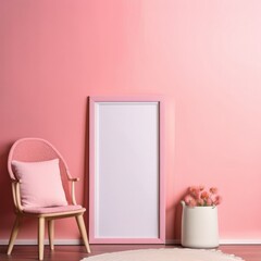 Blank photo frame for mockup in children room,pink wall, Generative AI