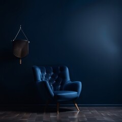 The interior has an armchair on empty dark blue wall background, Generative AI