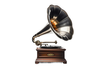 Vintage Gramophone with Isolated Horn on transparent background.
