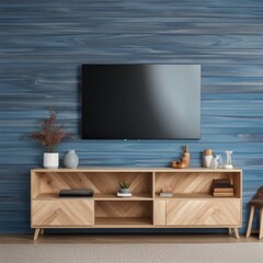 Smart Tv mockup hanging on herringbone blue wooden wall in modern interior, Generative AI