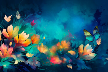 Obraz na płótnie Canvas Colorful flowers with butterflies flying around them. The flowers are a mix of bright orange, pink, and purple and The butterflies are a mix of blue, green, and yellow, with their wings open.
