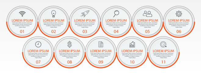 Business Infographic Template Design. Time line minimal concept with 11 options steps and marketing icons. Vector linear infographic with eleven connected elements. Can be used for your business gifts