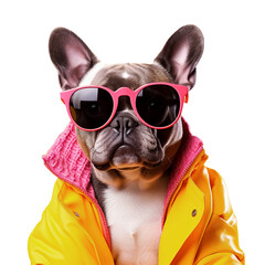 Portrait of a dressed dog with glasses on a transparent background.