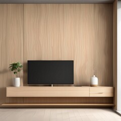 Wood TV cabinet interior wall mockup in modern empty room,minimal design, Generative AI