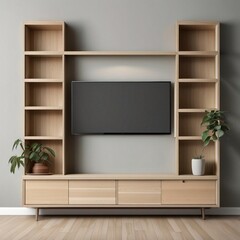 Wood TV cabinet interior wall mockup in modern empty room,minimal design, Generative AI