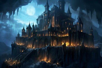 nighttime vampire fortress. Generative AI - obrazy, fototapety, plakaty