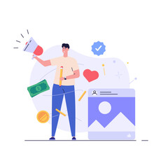 Marketing manager is earning money and generating leads. Increasing rates with sales funnel. Set of blog monetization, earning money online, content promotion. Vector illustration in flat for web UI