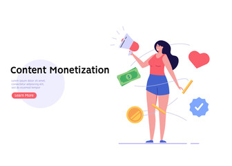 Marketing manager is earning money and generating leads. Increasing rates with sales funnel. Set of blog monetization, earning money online, content promotion. Vector illustration in flat for web UI