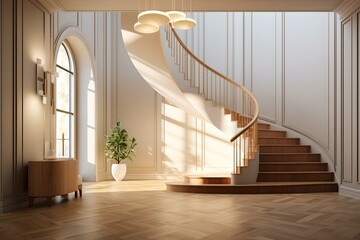 Elegante Wohnatmosphäre: Modernes Wohnzimmer mit Holzdeko und Wendeltreppe für Produktvorstellungen - obrazy, fototapety, plakaty