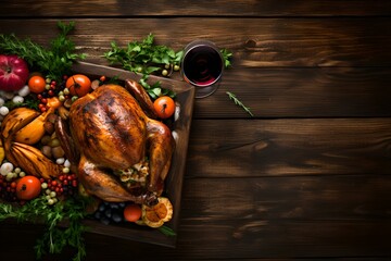 Festliches Thanksgiving-Dinner: Reich gedeckter Tisch mit Truthahn und Gemüse - obrazy, fototapety, plakaty