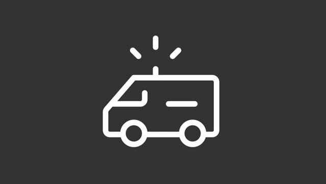 2D white simple thin line animation of ambulance icon, HD video with transparent background, seamless loop 4K video representing buildings.