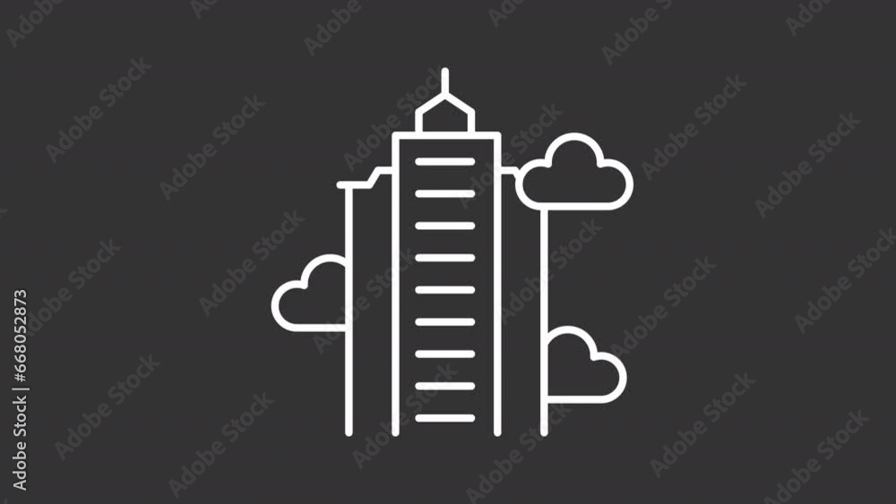 Poster 2d white simple thin line animation of skyscraper icon, hd video with transparent background, seamle