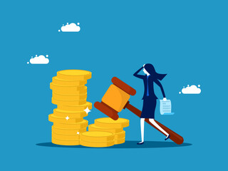 Pay fees and charge notifications. Businesswoman holds notification slip with legal hammer on pile of coins. vector - obrazy, fototapety, plakaty
