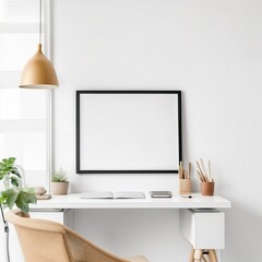 Mockup frame on work table in living room interior on empty white wall background, Generative AI