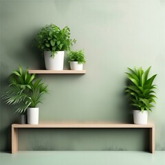 Interior wall mockup with green plant,Green wall and shelf, Generative AI