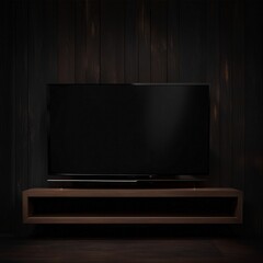 Mockup a TV wall mounted in a dark room with a dark wood wall, Generative AI
