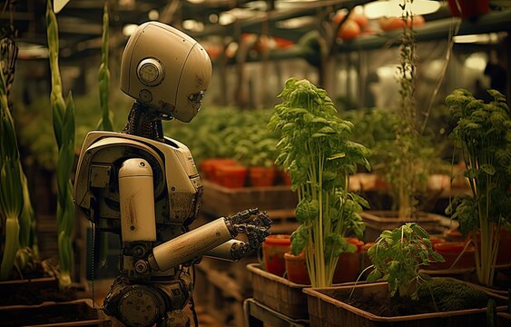 futuristic farming, with artificial robots